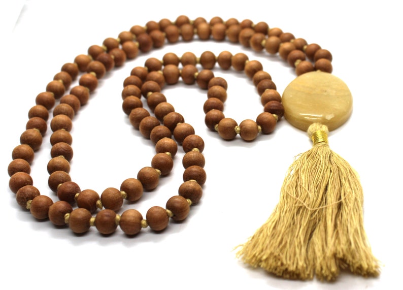 Sandalwood YELLOW AVENTUINE Mala Necklace 8 mm, Knotted Sandalwood Mala, 108 Japa Mala Beads, Sandalwood Necklace, Buddhist Prayer Beads image 4