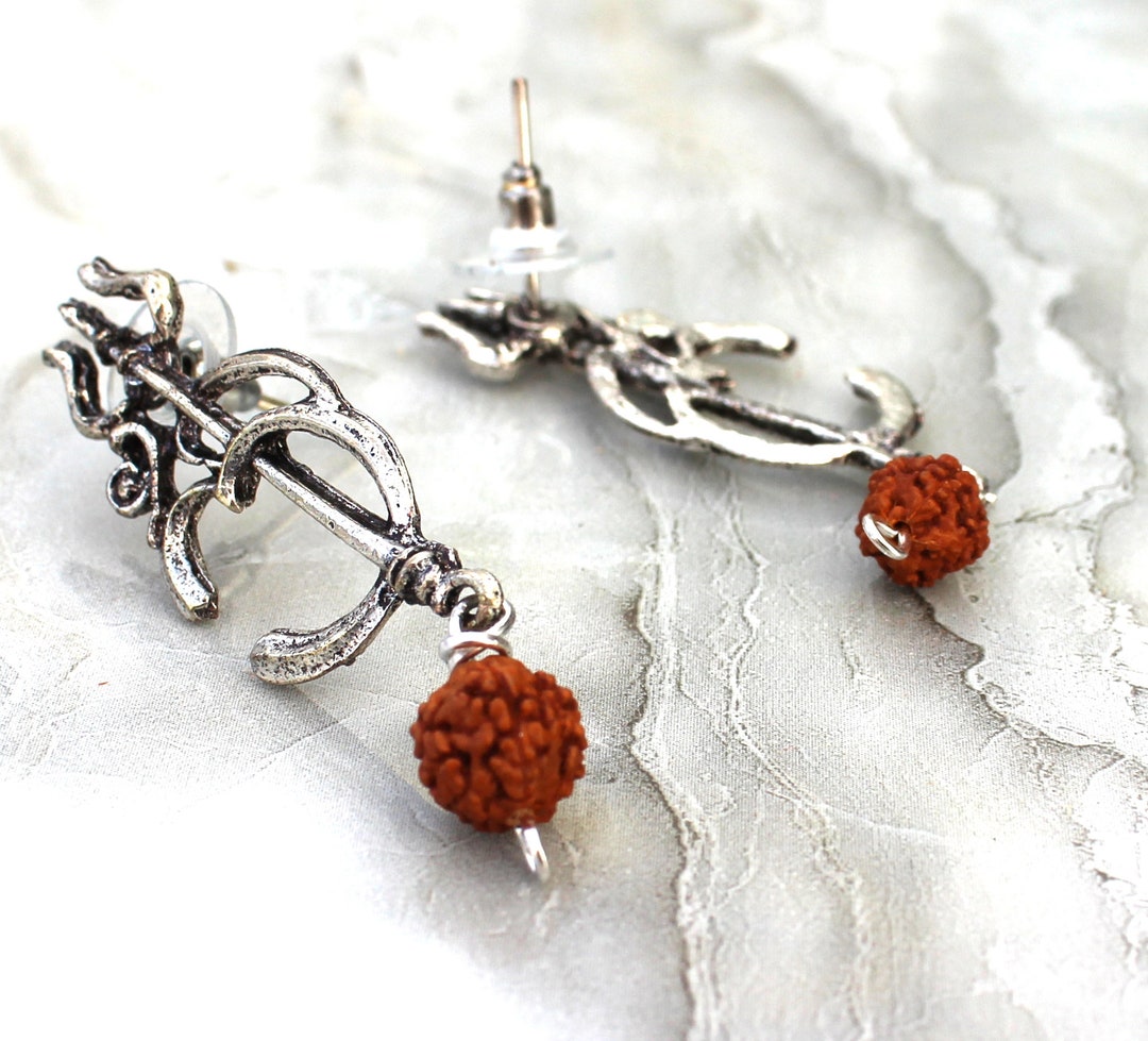 Rudraksha Earrings, Trishul Trident Shiva AUM OM Indian Earrings, Jewelry Hinduism, Rudraksha