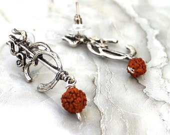 Trishul Trident Rudraksha Earrings, Indian Hinduism Jewelry
