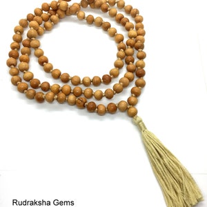 Natural Sandalwood Handmade Mala 1081 Beads Hindu Prayer Beads Mala Yoga Mediation Chandan Mala Handmade With Long Tassel, Sandal wood mala Beige