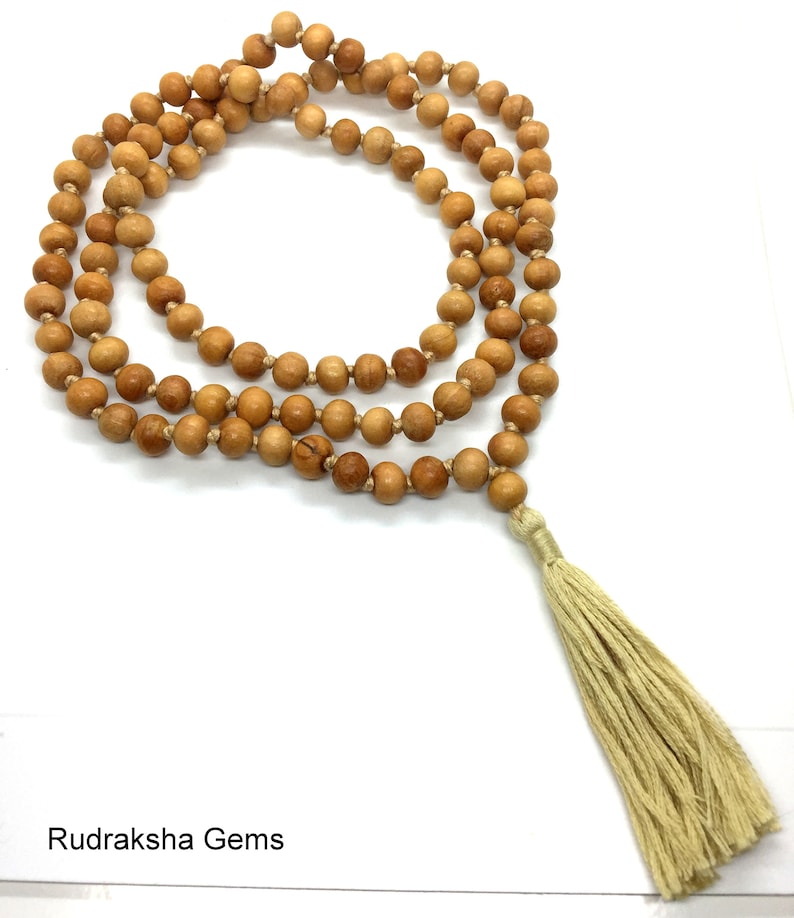 Natural Sandalwood Handmade Mala 1081 Beads Hindu Prayer Beads Mala Yoga Mediation Chandan Mala Handmade With Long Tassel, Sandal wood mala Beige