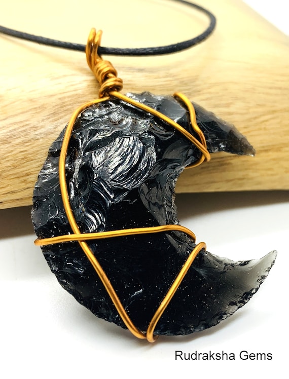 REIKI ENERGY CHARGED BLACK OBSIDIAN  CRYSTAL PENDANT POLISHED & SILVER CHAIN 