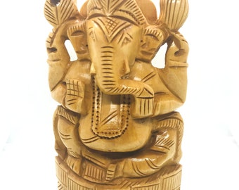 Hand Carved Wooden Ganesha Statue – Hindu Elephant God, 6 Inch
