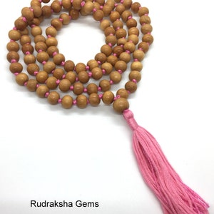 Natural Sandalwood Handmade Mala 1081 Beads Hindu Prayer Beads Mala Yoga Mediation Chandan Mala Handmade With Long Tassel, Sandal wood mala Pink