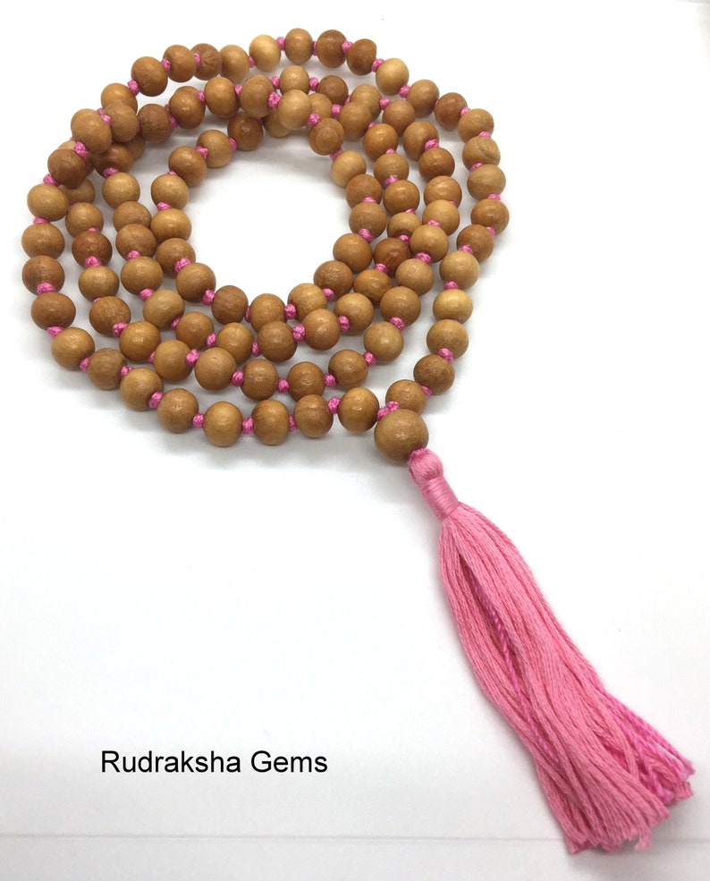 Natural Sandalwood Handmade Mala 1081 Beads Hindu Prayer Beads Mala Yoga Mediation Chandan Mala Handmade With Long Tassel, Sandal wood mala Pink