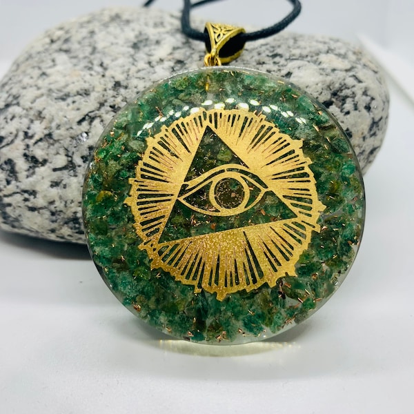 Green jade reiki Energy Charged Orgone Pendant, Eye of Horus brass coil Orgone pyramid necklace, EMF protection, orgone energy purifier