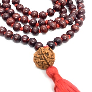 Classic 108 Knotted Meditation Mala with Rudraksha Guru bead 8mm Indian Rosewood with Red / Cotton String Tassel Elegant Yoga Necklace image 3