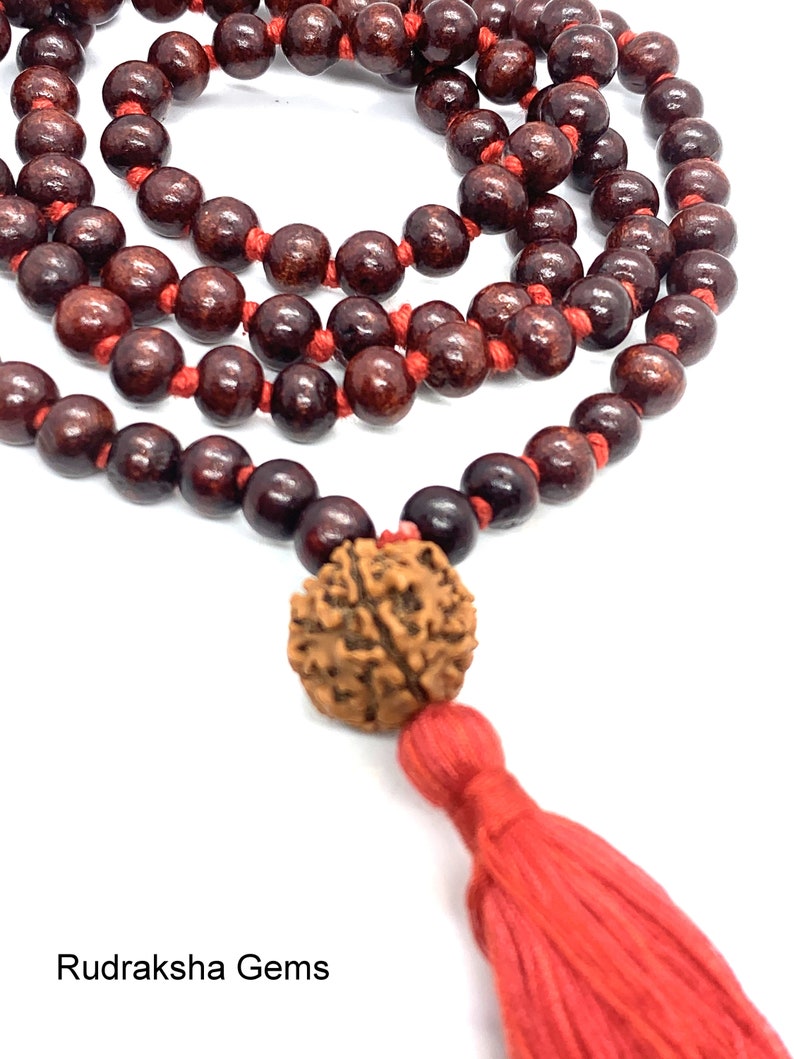 Classic 108 Knotted Meditation Mala with Rudraksha Guru bead 8mm Indian Rosewood with Red / Cotton String Tassel Elegant Yoga Necklace image 3