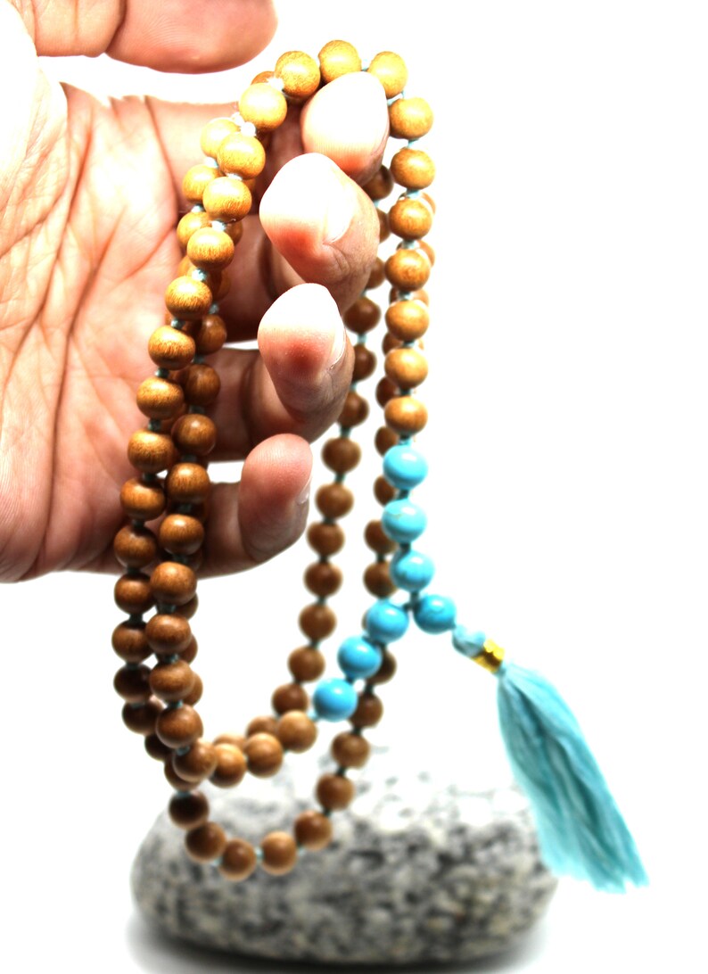 Sandalwood TURQUOISE Mala Necklace 8 mm, Knotted Sandalwood Mala, 108 Japa Mala Beads, Sandalwood Necklace, Buddhist Turquoise Beads Yoga image 8