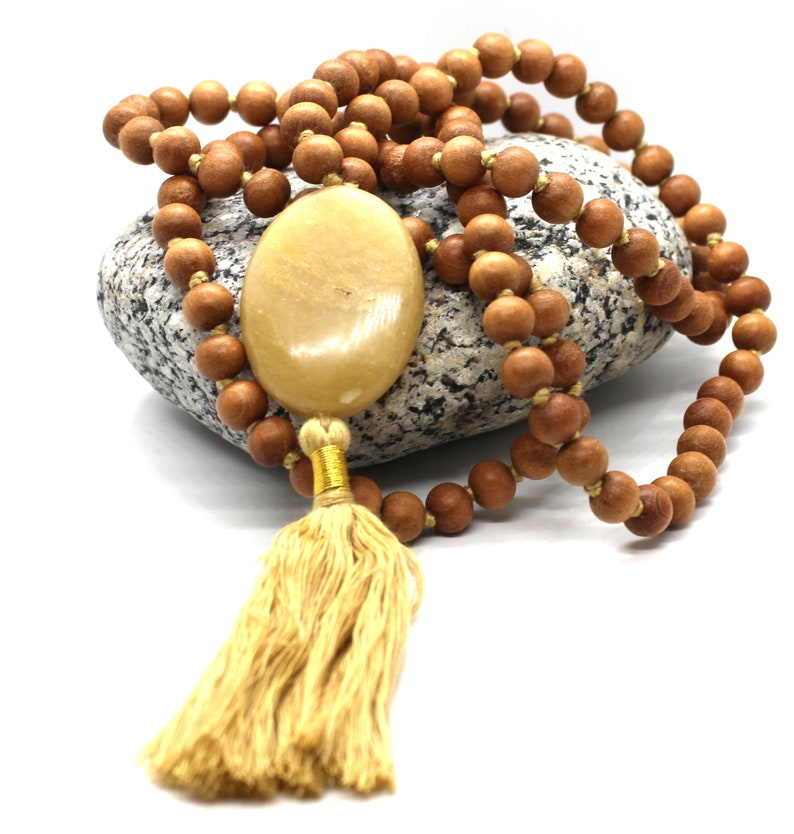 Sandalwood YELLOW AVENTUINE Mala Necklace 8 mm, Knotted Sandalwood Mala, 108 Japa Mala Beads, Sandalwood Necklace, Buddhist Prayer Beads image 2