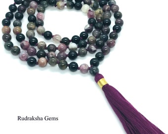 Tourmaline Mala, Premium Quality beads, 108 hand knotted Yoga Mala. 7 mm multi color Tourmaline beads, handmade cotton tassel. Vegan Mala