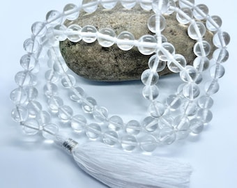 Mala de cuarzo transparente de 108 cuentas: collar de oración anudado, cuentas de meditación de cristal espático, chakra corona