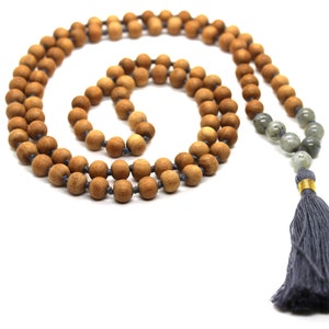 Meditation necklace, SANDALWOOD mala, LABRADORITE beads, Om mala, Unisex necklace, Men Woman necklace, Yoga gift, Magical Tassel necklace,