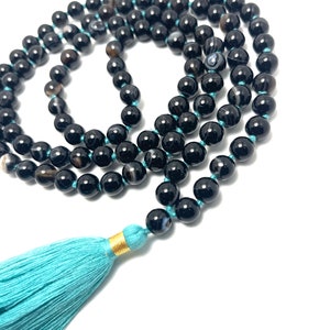 BLACK TOURMALINE NECKLACE, Stone with white stripes, Protection Mala, 108 beads Rosary, protection from Negative energies and bad aura