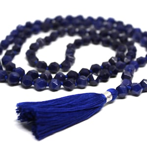 Lapis Lazuli Diamond Cut Faceted Necklace Lapis Lazuli Mala Necklace Blue Bead Hand Knotted Tassel Necklace for Women Men 108 Mala Necklace