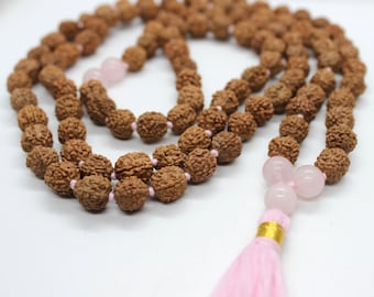 Rudraksha - Rose Quartz Mala Necklace, 108 Prayer Beads Mala Knotted Rudraksha Mala Beads, Rose Quartz Necklace, Japa Mala, Gemstone Mala