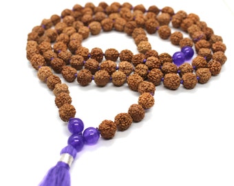 108 Amethyst Mala Rudraksha Mala Necklace / 108 Prayer Beads Mala knotted / Amethyst Crown Chakra Necklace Buddhist mala meditation healing