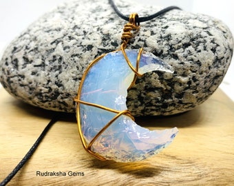 Opalite Crescent Moon Necklace, Hand-Wrapped Copper Pendant, Crystal Jewelry, Witchy Style