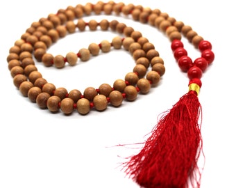 Sandalwood Mala Necklace – 108 Beads, Red Coral Accent