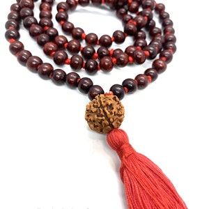 Classic 108 Knotted Meditation Mala with Rudraksha Guru bead 8mm Indian Rosewood with Red / Cotton String Tassel Elegant Yoga Necklace image 1