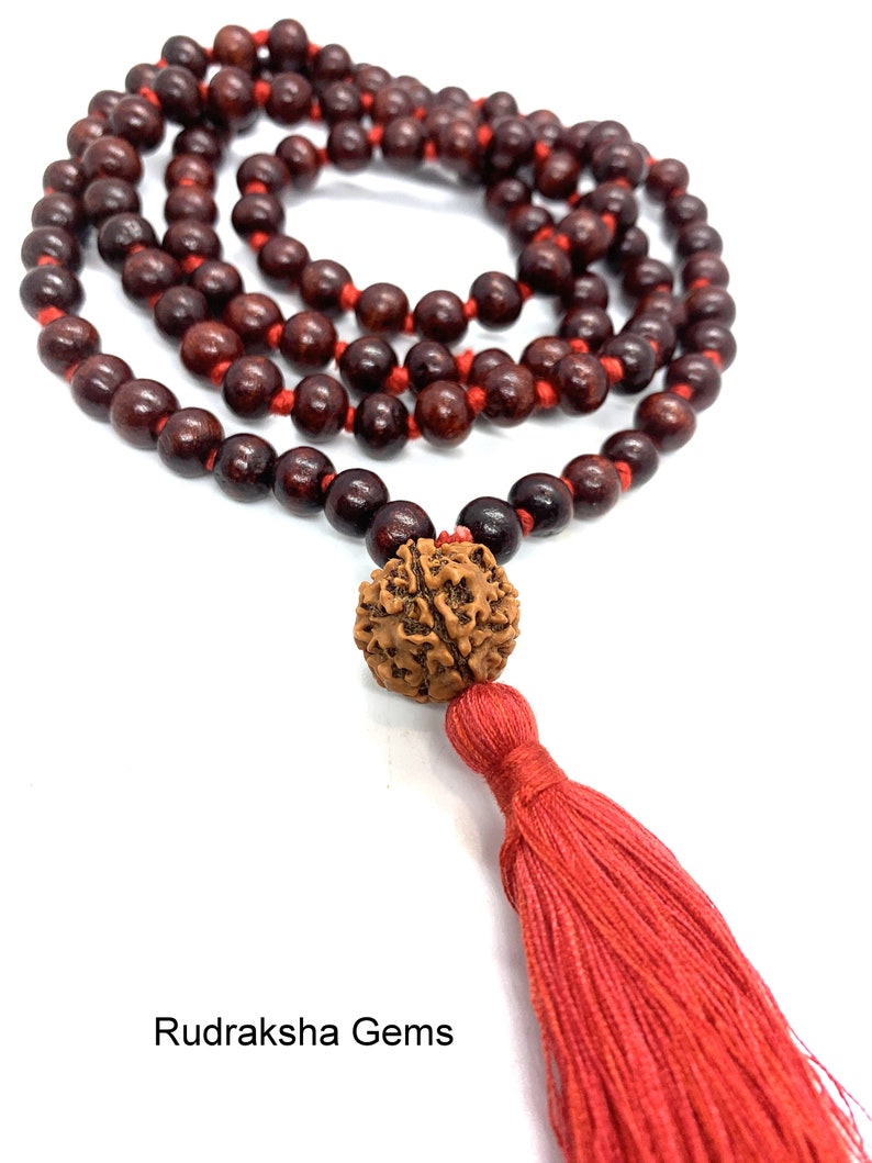 Classic 108 Knotted Meditation Mala with Rudraksha Guru bead 8mm Indian Rosewood with Red / Cotton String Tassel Elegant Yoga Necklace image 1