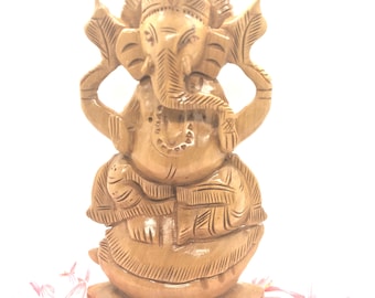 Hand Carved Wooden Ganesha Statue - Hindu Elephant God, Good Luck Charm (5 inch)