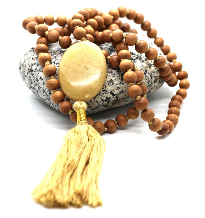 Sandalwood YELLOW AVENTUINE Mala Necklace 8 mm, Knotted Sandalwood Mala, 108 Japa Mala Beads, Sandalwood Necklace, Buddhist Prayer Beads image 5