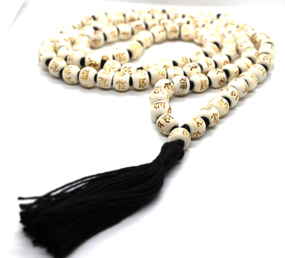 Tulsi Mala Necklace, Hare Krishna Engraved Beads, Yoga Prayer Rosary