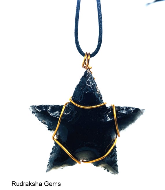 Black Obsidian Star Pendant, Copper Wire Wrapped, Reiki Charged