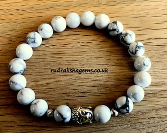 White Howlite BUDDHA Bracelet - buddhist bracelet - white gemstone bracelet- Unisex mala beads zen bracelet gift for him her yoga meditation