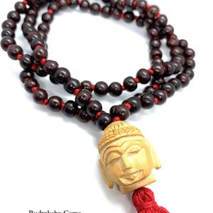 Buddha Classic 108 Knotted Meditation Mala 8mm Indian Rosewood with Red / Cotton String Tassel Elegant Natural Design Yoga Necklace image 3