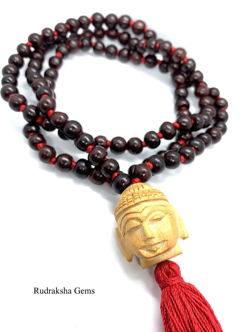 Buddha Classic 108 Knotted Meditation Mala 8mm Indian Rosewood with Red / Cotton String Tassel Elegant Natural Design Yoga Necklace image 3