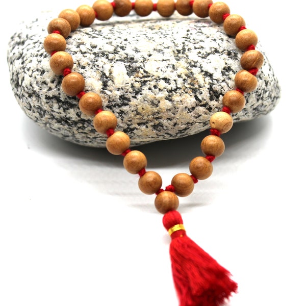 Sandalwood Mala Bracelet 8 mm 27 Beads Prayer Mala, Knotted Sandalwood Bracelet Quarter Mala, Buddhist Tibetan Meditation Wrist Mala Rosary