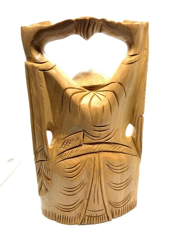 美しい手彫りの笑う仏像、5インチの木製仏像仏教ホームデスク装飾、禅