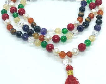 PLANETARY MALA / Hand Knotted 108 Navratan 9 Planets Handmade Chakra Mala Beads Necklace -Blessed Yoga Japa Meditation 7 mm Prayer Beads