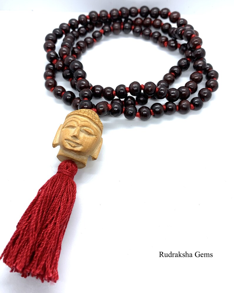 Buddha Classic 108 Knotted Meditation Mala 8mm Indian Rosewood with Red / Cotton String Tassel Elegant Natural Design Yoga Necklace image 4