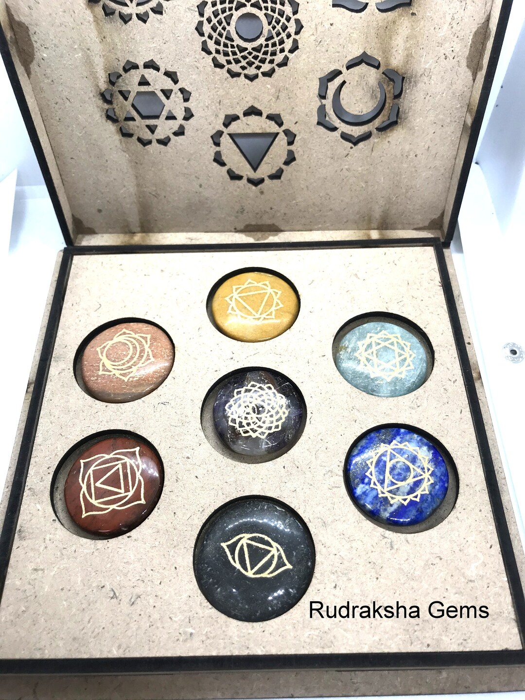Seven Chakra Engraved Chakra Symbol Disc Set, Engraved Symbol Box, 7 ...