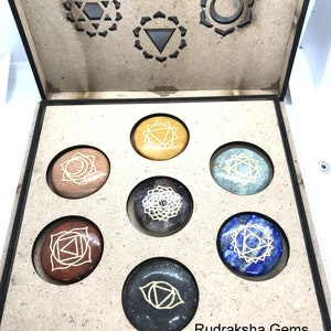 Seven Chakra Engraved Chakra symbol Disc Set, Engraved Symbol Box, 7 Chakra, Crown Throat Third eye Heart Solar Sacral Root, Pocket Stone
