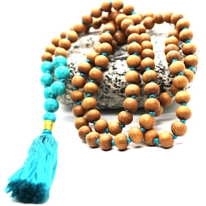 Sandalwood TURQUOISE Mala Necklace 8 mm, Knotted Sandalwood Mala, 108 Japa Mala Beads, Sandalwood Necklace, Buddhist Turquoise Beads Yoga image 3