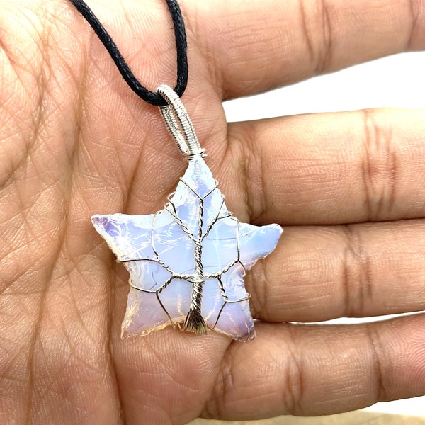 Opalite star Pendant, Opalite Pentagram, Opalite Necklace, Wire Wrapped Silver Tree Pendant, Boho, Reiki Energy Charged healing Crystal