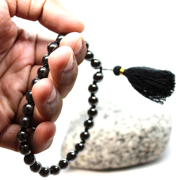 Hematite Mala Bracelet 8 mm 27 Beads Prayer Mala, Knotted Hematite Bracelet Quarter Mala, Buddhist Tibetan Meditation Wrist Mala Rosary