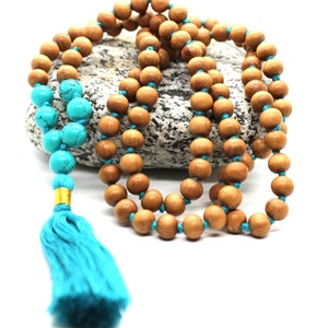 Sandalwood TURQUOISE Mala Necklace 8 mm, Knotted Sandalwood Mala, 108 Japa Mala Beads, Sandalwood Necklace, Buddhist Turquoise Beads Yoga image 4