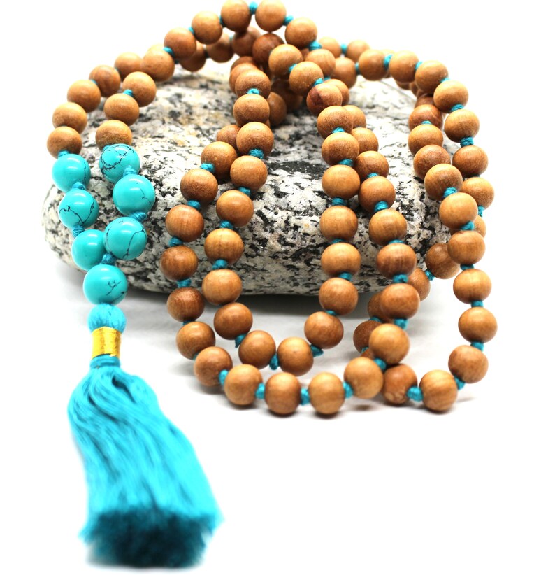 Sandalwood TURQUOISE Mala Necklace 8 mm, Knotted Sandalwood Mala, 108 Japa Mala Beads, Sandalwood Necklace, Buddhist Turquoise Beads Yoga image 4