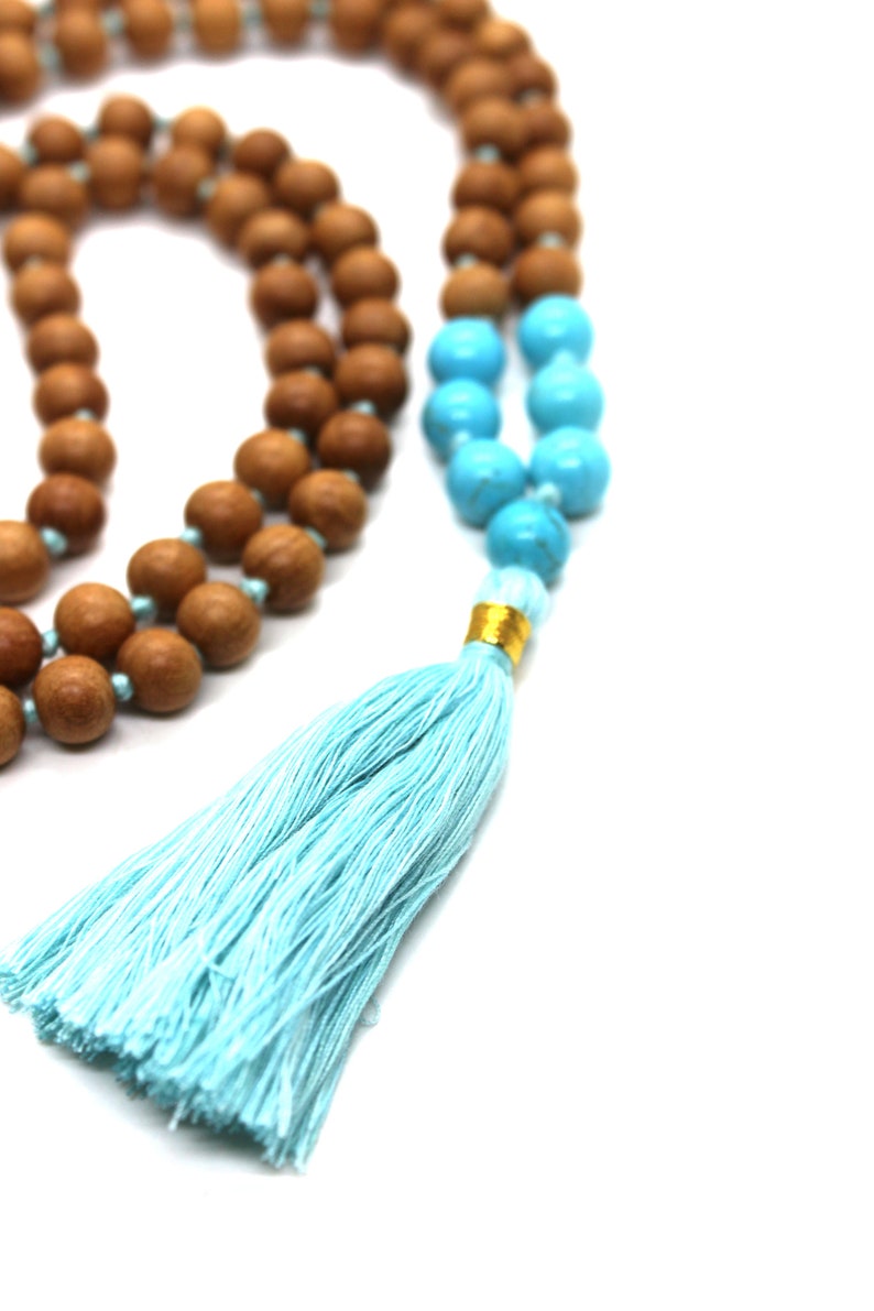 Sandalwood TURQUOISE Mala Necklace 8 mm, Knotted Sandalwood Mala, 108 Japa Mala Beads, Sandalwood Necklace, Buddhist Turquoise Beads Yoga image 6