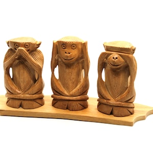 Three wise monkeys wooden statue - Hand made - three monkeys that hear no evil see no evil speak no evil, Hand carved gift for him her Rare