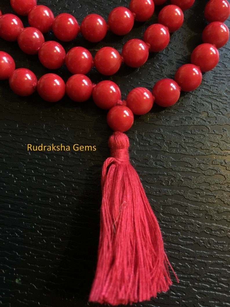 Hand Knotted Mala/ Red Coral Mala Necklace with Tassel /Natural Red Coral Mala/ 7mm 108 beads mala/ yoga meditation mala/ Root Chakra Mala zdjęcie 3