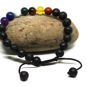 Pulsera de chakras, pulsera de 7 chakras, pulsera ajustable, cristal curativo, pulsera de lava, joyería de chakras, pulsera de equilibrio con difusor de lava