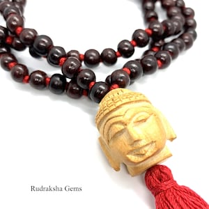 Buddha Classic 108 Knotted Meditation Mala 8mm Indian Rosewood with Red / Cotton String Tassel Elegant Natural Design Yoga Necklace image 1