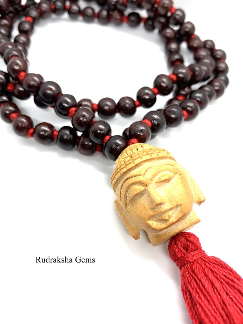 Buddha Classic 108 Knotted Meditation Mala 8mm Indian Rosewood with Red / Cotton String Tassel Elegant Natural Design Yoga Necklace image 1