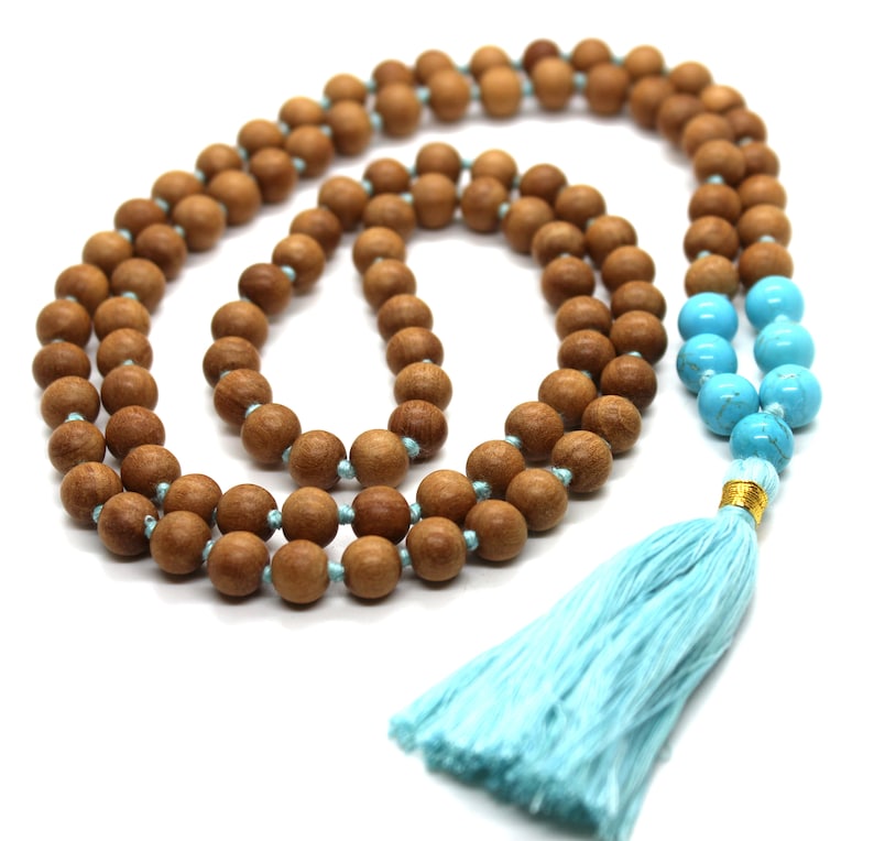 Sandalwood TURQUOISE Mala Necklace 8 mm, Knotted Sandalwood Mala, 108 Japa Mala Beads, Sandalwood Necklace, Buddhist Turquoise Beads Yoga image 2